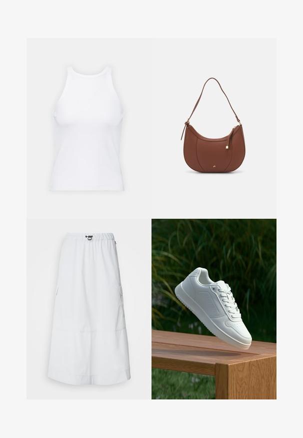 Valkoinen hihaton toppi, joka on valmistettu ribbikankaasta, ja jossa on pyöreä pääntie ja tiukka siluetti, minimaalisin saumoin ja ilman koristeita.; Ecoalf SKIRT WOMAN - A-linjainen hame - light grey; Valkoiset tennarit, joissa on sileä synteettinen päällinen, rei'itetty varvasosa, litteät nauhat ja teksturoitu pohja, esillä puupinnalla.; Ruskea keinonahkainen olkalaukku, jossa on kaareva muoto, minimaalinen ompelu ja kultasävyinen varuste. Varustettu ylhäältä avautuvalla vetoketjullisella suljennalla ja säädettävällä hihnalla.