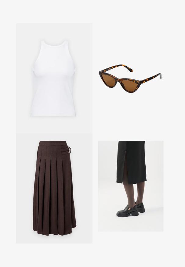 Top senza maniche bianco realizzato in tessuto a coste, caratterizzato da un collo arrotondato e una silhouette aderente, con cuciture minime e senza decorazioni.; Vero Moda VMHELGA SKIRT - Gonna a pieghe - chocolate torte; Scarpe in pelle nera con punta arrotondata, tacco spesso a blocco e accenti laterali in elastico, abbinate a collant scuri e una gonna nera con uno spacco.; Occhiali da sole cat-eye con una montatura tartarugata nera e arancione, lenti marroni e punte affusolate e eleganti. Presentano un logo minimale sulla asta.; Piccola borsa a tracolla crema con finitura testurizzata, una lunga tracolla regolabile, un accento a catena e chiusura a patta. Dettagli in hardware dorato.