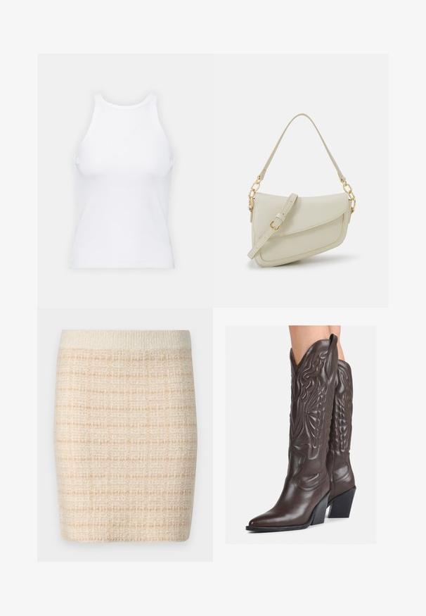 Fehér ujjatlan trikó ribbed anyagból, lekerekített nyakkivágással és testhez simuló siluettel, minimális varrásokkal és díszítések nélkül.; Kötött bézs mini szoknya texturált kockás mintával, egyszínű krémszínű derékkal. Térd felett érő hossz, puha anyag.; Barna bőr cowboy csizmák hegyes orral és blokk sarkal, részletes varrással és kiemelkedő díszítésekkel a szárán.; Kis krémszínű táska texturált felülettel, hosszú, állítható pánttal, láncos díszítéssel és fedéllel záródik. Aranyszínű fém részletek.