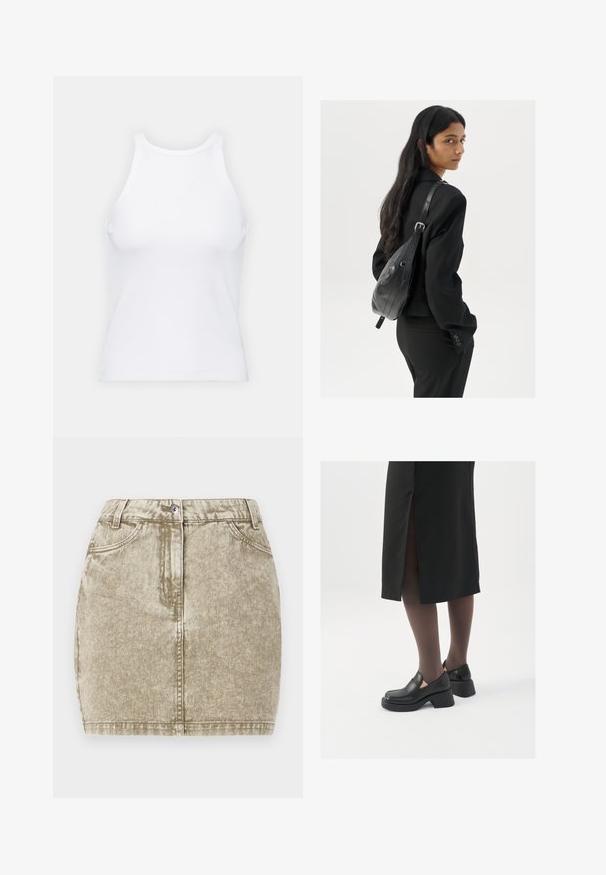 Top alb fără mâneci, confecționat din material ribbed, prezentând un decolteu rotund și o siluetă ajustată, cu cusături minime și fără ornamente.; Fustă din denim khaki cu un finisaj texturat, cinci buzunare, închidere frontală cu nasture și detalii cusute de-a lungul marginii.; Pantofi din piele neagră cu vârful rotund, toc bloc gros și accente elastice pe lateral, asortați cu colanți închiși la culoare și o fustă neagră cu o fanta.; Femeie cu păr lung și închis la culoare, îmbrăcată într-un costum negru, purtând o geantă de umăr din piele neagră, privind peste umăr, pe un fundal alb.