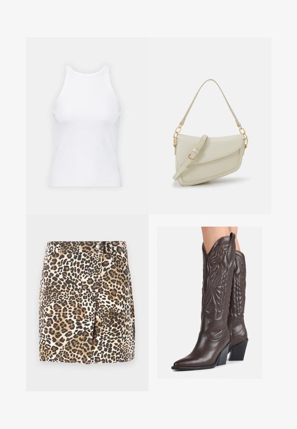 Balta bezpiedurkņu topiņš no ribotā auduma, ar noapaļotu kakla izgriezumu un pieguļošu siluetu, ar minimālām šuvēm un bez rotājumiem.; JDY JDYRAY SHORT SKIRT - Minisvārki - pumice stone; Brūni ādas kovboju zābaki ar norādītu purngalu un blokveida papēdi, ar detalizētu šūšanu un paceltiem akcentiem uz kājas daļas.; Maza krēmkrāsas rokas soma ar teksturētu apdari, garu regulējamu siksniņu, ķēdes akcentu un vāciņa aizdari. Zelta aparatūras detaļas.