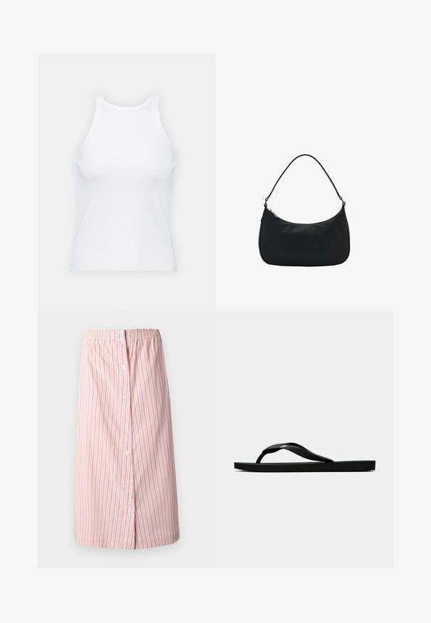 Weißes ärmelloses Tanktop aus geripptem Stoff, mit rundem Ausschnitt und figurbetonter Silhouette, minimalen Nähten und ohne Verzierungen.; Gestreifter Rock in Weiß mit roten vertikalen Streifen, mit elastischem Bund, vorderen Knöpfen und geradem Schnitt in knielanger Ausführung.; Schwarze Gummi-Flip-Flop-Sandale mit einem strukturierten Riemen und einfacher flacher Sohle, von der Seite auf einem schlichten hellen Hintergrund dargestellt.; Mango Handtasche - black