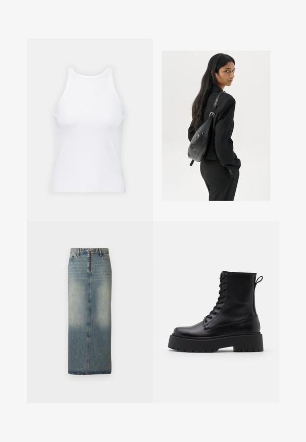 Baltas be rankovių marškinėlis, pagamintas iš išklotinės medžiagos, su apvaliu iškirpimu ir prigludusia siluetu, minimaliais siūlais ir be dekoracijų.; Šviesiai mėlyna džinsinė midi sijonas su išblukusiu paviršiumi. Savyje turi priekinius užtrauktuką ir mygtuko užsegimą, tiesų kirpimą ir minimalias siuvimo detales.; Juodos odinės aulinukės su apvalia nosimi, raišteliais priekyje ir storesniu guminio pado apačioje su tekstūruotu raštu. Priekyje yra kilputė.; Moteris su ilgais tamsiais plaukais, vilkinti juodą kostiumą, nešanti juodą odinę rankinę per petį, žvelgia per petį prieš balto fono.