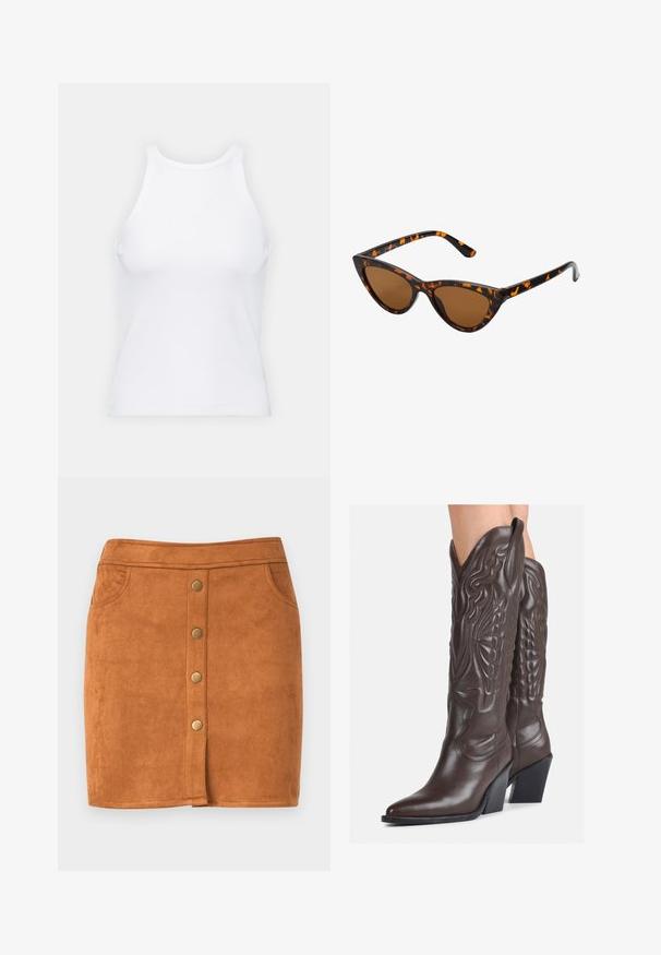 Weißes ärmelloses Tanktop aus geripptem Stoff, mit rundem Ausschnitt und figurbetonter Silhouette, minimalen Nähten und ohne Verzierungen.; Brauer Wildleder-Minikleid mit geradem Schnitt, vorne mit Knopfleiste, zwei Seitentaschen und dezenten Stickdetails.; Braune Leder-Cowboy-Stiefel mit spitzem Punkt und Blockabsatz, die über detaillierte Stickereien und hervorgehobene Akzente am Schaft verfügen.; Katzenaugen-Sonnenbrille mit einem schwarz-orangenen Schildpattrahmen, braunen Gläsern und schlanken, spitzen Enden. Verfügt über ein minimalistisches Logo am Bügel.; Kleine cremefarbene Handtasche mit strukturiertem Finish, einem langen verstellbaren Tragegurt, einem Kettenakzent und einem Klappenverschluss. Goldene Hardware-Details.