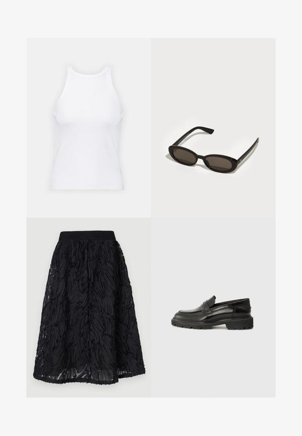 Biela bezrukávová tielko vyrobené z rebrovanej látky, s okrúhlym výstrihom a priliehavým strihom, s minimálnymi švami a bez ozdôb.; Čierna sukňa s textúrovaným dizajnom a vrstvenými, vlnitými vzormi. Materiál vyzerá ako ľahký, so zhromaždeným pásom a splývavým lemom.; Čierne kožené slip-on topánky s okrúhlou špičkou, hrubou textúrovanou podrážkou a jemným švom. Obsahujú malé logo na zadnej strane.; Čierne slnečné okuliare s oválnymi, polorámovými šošovkami. Lesklé rámce a štíhle strany. Tmavo zafarbené šošovky s minimálnymi detailmi kovania.; Čierna mäkká kožená taška cez rameno s nastaviteľným tenkým popruhom, zhrnuté strany viazané uzlami a malým zlatým logom na prednej dolnej pravej strane.