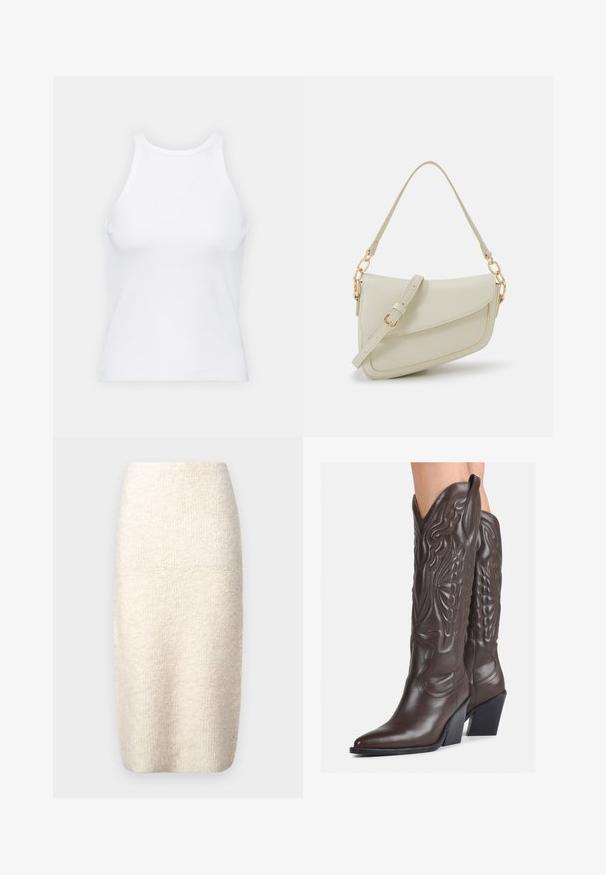 Balta bezpiedurkņu topiņš no ribotā auduma, ar noapaļotu kakla izgriezumu un pieguļošu siluetu, ar minimālām šuvēm un bez rotājumiem.; Ceļa garuma krēmkrāsas svārki, kas izgatavoti no teksturēta auduma, ar pieguļošu formu, gludu jostasvietu un bez redzamām aizdarem.; Brūni ādas kovboju zābaki ar norādītu purngalu un blokveida papēdi, ar detalizētu šūšanu un paceltiem akcentiem uz kājas daļas.; Maza krēmkrāsas rokas soma ar teksturētu apdari, garu regulējamu siksniņu, ķēdes akcentu un vāciņa aizdari. Zelta aparatūras detaļas.