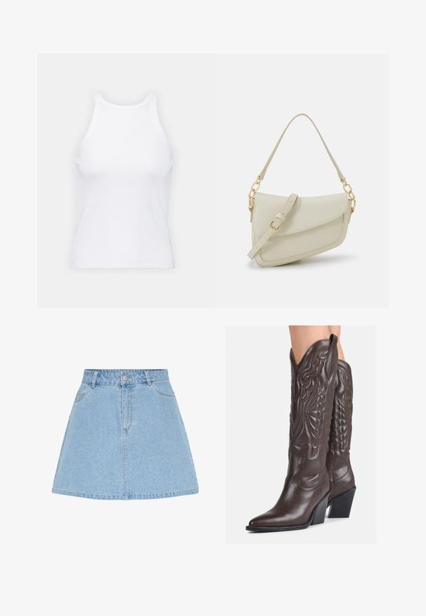 Bela brezrokavna majica iz rebraste tkanine, z zaobljenim izrezom in prilegajočim silhueto, z minimalnimi šivi in brez okraskov.; Svetlo moder jeans krilo z razširjenim krojem, visokim pasom, sprednjimi žepi in srebrnim gumbom za zapiranje na pasu; brez vidnih vzorcev.; Rjave usnjene kavbojske čevlje z ostrim nosom in blok peto, ki vsebujejo podrobno šivanje in dvignjene dodatke na zgornjem delu.; Mala kremna torbica z teksturiranim zaključkom, dolgim nastavljivim trakom, verižnim poudarkom in zapiranjem na poklop. Detajli iz zlatega kovinskega materiala.