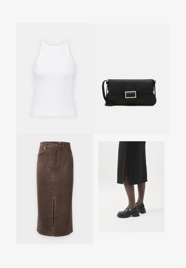 Vit ärmlös linne av ribbat tyg, med rundad halsringning och smal silhuett, med minimala sömmar och utan dekorationer.; Brun mockaskinnspennkjol med framklipp, kontrasterande vit sömnad och klassisk femfickdesign. Klassisk knäppning i midjan.; Svarta läderskor med rund tå, tjock klack utan häl och elastiska sidodetaljer, kombinerat med mörka strumpbyxor och en svart kjol med slits.; Svart läderkuvertväska med en klaff och detalj i guldmetallspänne. Innehåller en svart rem och en elegant, minimalistisk design.