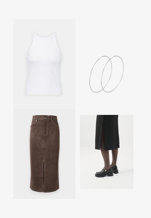 Bijela majica bez rukava napravljena od rebraste tkanine, s okruglim izrezom i uklapajućim siluetom, s minimalnim šavovima i bez ukrasa.; Smeđa suknja od ante s prednjim prorezom, kontrastnim bijelim šavovima i klasičnim dizajnom s pet džepova. Klasično kopčanje na gumbe u struku.; Crne kožne cipele s zaobljenim vrhom, debelim blok petama i elastičnim bočnim detaljima, uparene s tamnim čarapama i crnom suknjom s prorezom.; Srebrne okrugle naušnice s minimalističkim dizajnom. Kružni oblik, glatka tekstura i tanak profil. Lagane s poliranim završetkom.
