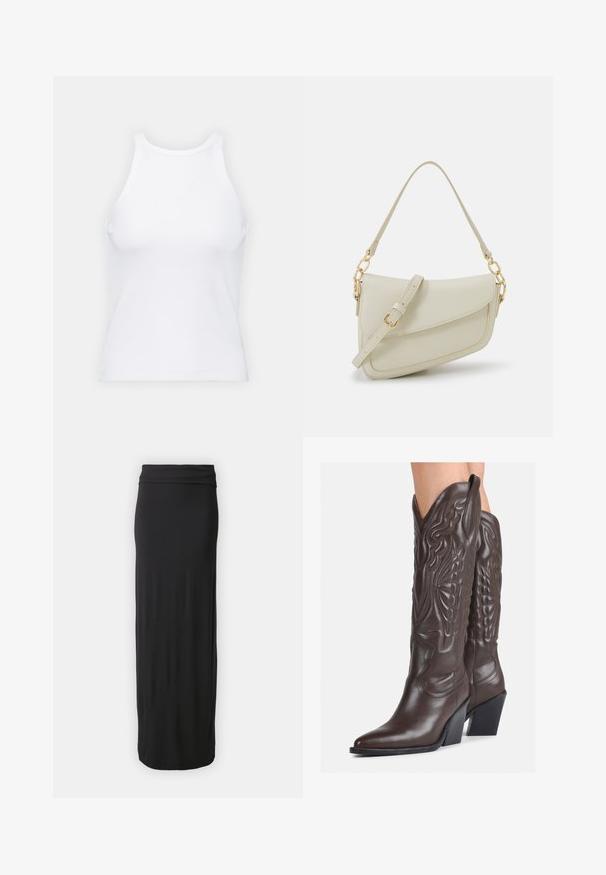 Top senza maniche bianco realizzato in tessuto a coste, caratterizzato da un collo arrotondato e una silhouette aderente, con cuciture minime e senza decorazioni.; Gonna nera lunga fino ai piedi realizzata in tessuto morbido e elastico con una vita aderente. Design semplice e liscio senza motivi o decorazioni.; Stivali da cowboy in pelle marrone con punta affusolata e tacco a blocco, caratterizzati da dettagliati ricami e accenti rialzati sul gambale.; Piccola borsa a tracolla crema con finitura testurizzata, una lunga tracolla regolabile, un accento a catena e chiusura a patta. Dettagli in hardware dorato.
