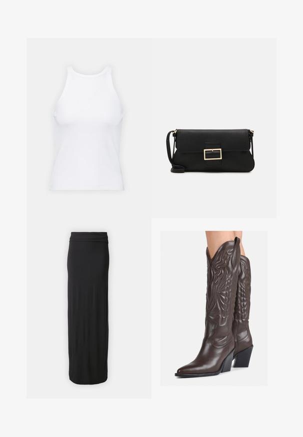 Biela bezrukávová tielko vyrobené z rebrovanej látky, s okrúhlym výstrihom a priliehavým strihom, s minimálnymi švami a bez ozdôb.; Čierna sukňa s dĺžkou po zem vyrobená z mäkkej, elastickej látky s priliehavým pásom. Jednoduchý, hladký dizajn bez vzorov alebo ozdôb.; Hnedé kožené kovbojské topánky s špicatou špičkou a blokovým podrážkou, so zložitým prešívaním a vyvýšenými akcentmi na puzdre.; Čierna kožená clutch taška s klopou a zlatým kovovým detailom s prackou. Obsahuje čierny remienok a elegantný, minimalistický dizajn.