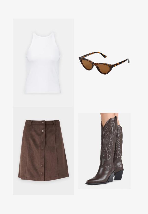 Bela brezrokavna majica iz rebraste tkanine, z zaobljenim izrezom in prilegajočim silhueto, z minimalnimi šivi in brez okraskov.; ONLY ONLINA SUEDE BUTTON SKIRT - Mini krilo - chocolate brown; Rjave usnjene kavbojske čevlje z ostrim nosom in blok peto, ki vsebujejo podrobno šivanje in dvignjene dodatke na zgornjem delu.; Mačje oči sončna očala z okvirom v črno-oranžni želvej ohišji, rjavimi lečami in elegantnimi, ostrimi konicami. Imajo minimalistični logo na ročaju.