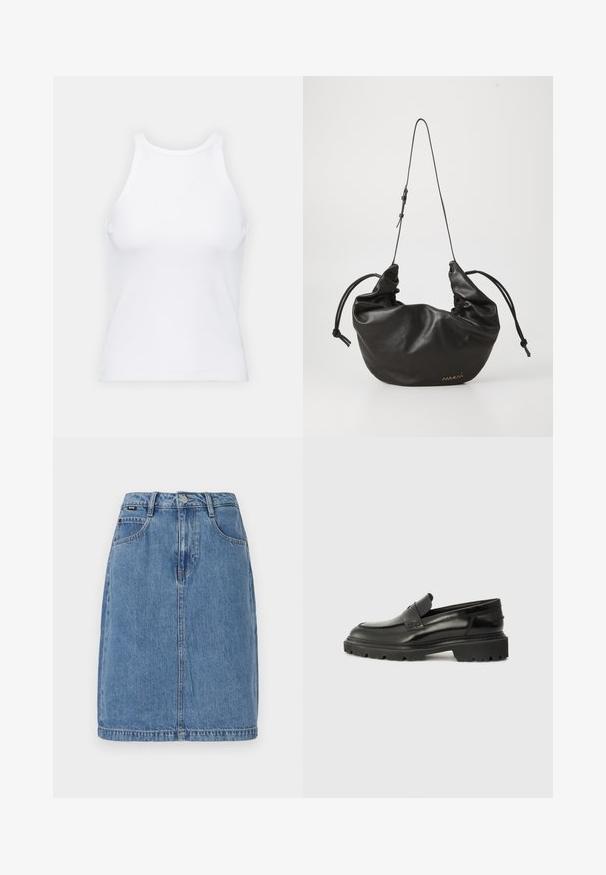 Débardeur blanc sans manches en tissu côtelé, doté d'un col rond et d'une silhouette ajustée, avec des coutures minimales et sans ornements.; Jupe en denim bleu clair avec une coupe droite, dotée de cinq poches, de passants de ceinture et d'une fermeture à bouton sur le devant, avec des détails de couture visibles.; Chaussures noires en cuir à enfiler, avec un bout arrondi, une semelle épaisse et texturée, ainsi qu'un détail de couture subtil. Présente un petit logo à l'arrière.; Sac à épaule en cuir noir doux avec une fine bandoulière réglable, côtés froncés attachés par des nœuds, et petit logo doré en bas à droite.