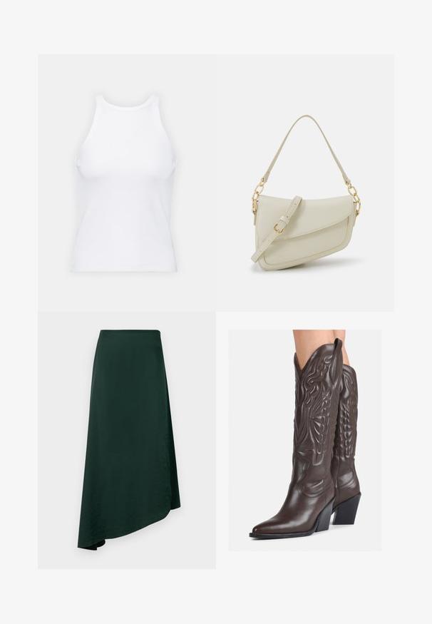 Balta bezpiedurkņu topiņš no ribotā auduma, ar noapaļotu kakla izgriezumu un pieguļošu siluetu, ar minimālām šuvēm un bez rotājumiem.; Tumši zaļa apvalka svārku izgatavota no gludas auduma, ar asimetrisku apakšmalu un bezšuvju jostu, nodrošinot tīru dizainu.; Brūni ādas kovboju zābaki ar norādītu purngalu un blokveida papēdi, ar detalizētu šūšanu un paceltiem akcentiem uz kājas daļas.; Maza krēmkrāsas rokas soma ar teksturētu apdari, garu regulējamu siksniņu, ķēdes akcentu un vāciņa aizdari. Zelta aparatūras detaļas.