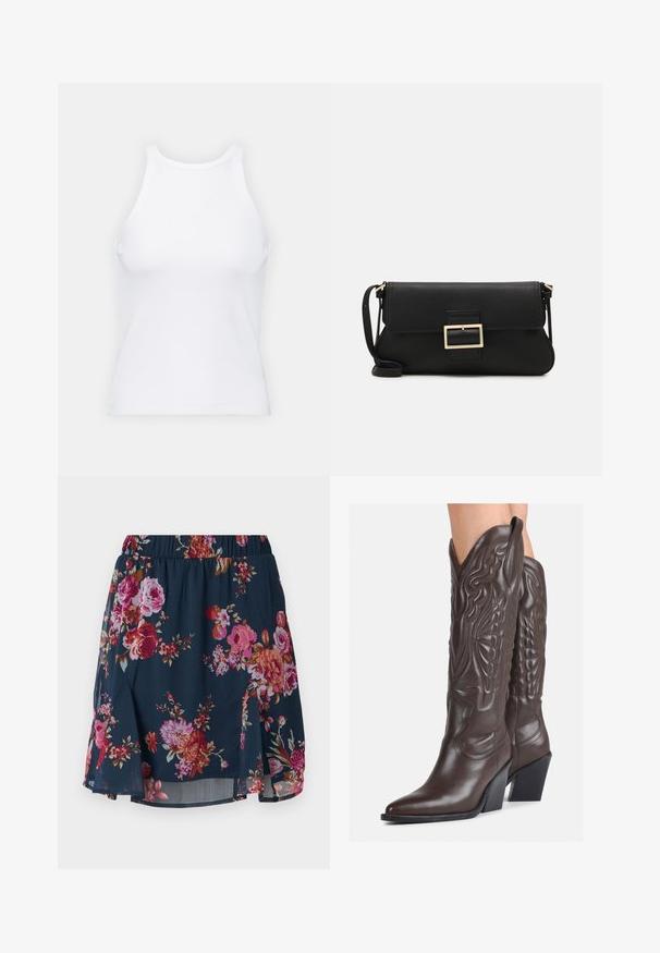 Biela bezrukávová tielko vyrobené z rebrovanej látky, s okrúhlym výstrihom a priliehavým strihom, s minimálnymi švami a bez ozdôb.; Kvetinová sukňa z námorníckej tkaniny s ružovými, červenými a oranžovými kvetmi. Má elastický pás a rozšírený strih so bočnými rozparkami.; Hnedé kožené kovbojské topánky s špicatou špičkou a blokovým podrážkou, so zložitým prešívaním a vyvýšenými akcentmi na puzdre.; Čierna kožená clutch taška s klopou a zlatým kovovým detailom s prackou. Obsahuje čierny remienok a elegantný, minimalistický dizajn.