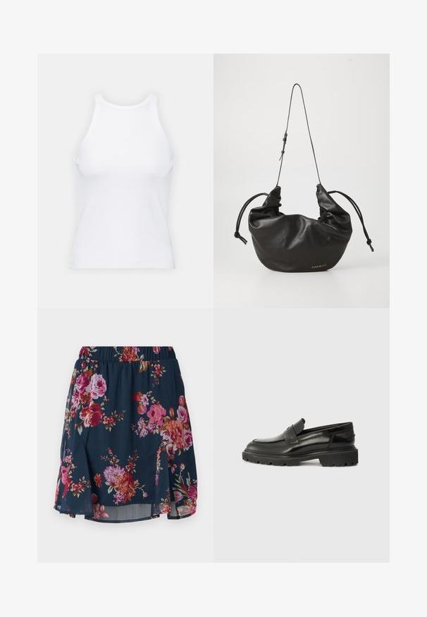 Bela brezrokavna majica iz rebraste tkanine, z zaobljenim izrezom in prilegajočim silhueto, z minimalnimi šivi in brez okraskov.; Cvetna krila v mornarsko modri tkanini z rožami v roza, rdeči in oranžni barvi. Ima elastičen pas in razširjen dizajn s stranskimi razpokami.; Črne usnjene čeveljce brez vezalk z zaobljenim nosom, debelim teksturiranim podplatom in subtilnim šivom. Na zadnjem delu je majhna oznaka.; Črna mehka usnjena torba za ramo z nastavljivim tankim trakom, nabranimi stranicami, ki so zavezane v vozle, in majhnim zlatim logotipom na prednjem dnu desno.