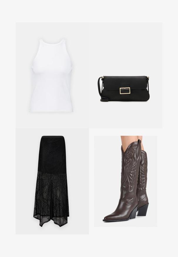 Weißes ärmelloses Tanktop aus geripptem Stoff, mit rundem Ausschnitt und figurbetonter Silhouette, minimalen Nähten und ohne Verzierungen.; Aware VMLOLLIE SKIRT - Maxirock - black; Braune Leder-Cowboy-Stiefel mit spitzem Punkt und Blockabsatz, die über detaillierte Stickereien und hervorgehobene Akzente am Schaft verfügen.; Schwarze Leder-Clutch mit Klappe und goldfarbenem Metallschnallen-Detail. Enthält einen schwarzen Riemen und ein schlankes, minimalistisches Design.