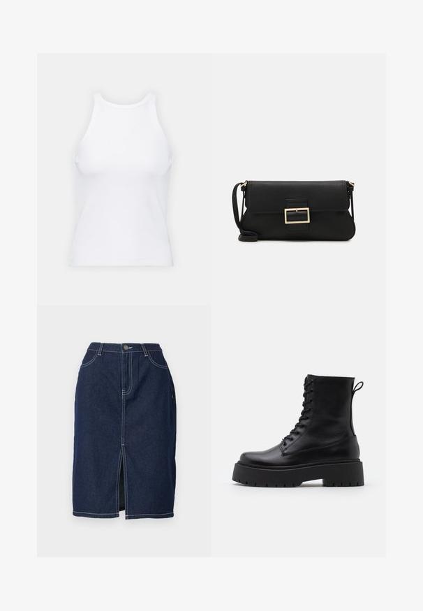 Λευκό μανίκι τοπ χωρίς μανίκια φτιαγμένο από ριμπ ύφασμα, με στρογγυλή λαιμόκοψη και εφαρμοστή σιλουέτα, με ελάχιστες ραφές και χωρίς διακοσμήσεις.; Σκούρα τζιν στενή φούστα με μπροστινό άνοιγμα, πέντε τσέπες και αντιθετική λευκή ραφή. Διαθέτει κούμπωμα με κουμπί και εφαρμοστή γραμμή.; Μαύρες δερμάτινες μποτάκια μέχρι τον γ ankles με στρογγυλή μύτη, κορδόνια μπροστά και χοντρή ελαστική σόλα με υφή. Λωρίδα στην πλάτη.; Μαύρη δερμάτινη τσάντα φάκελος με καπάκι και χρυσή μεταλλική λεπτομέρεια αγκράφας. Περιλαμβάνει μαύρη θήκη και κομψό, μινιμαλιστικό σχέδιο.