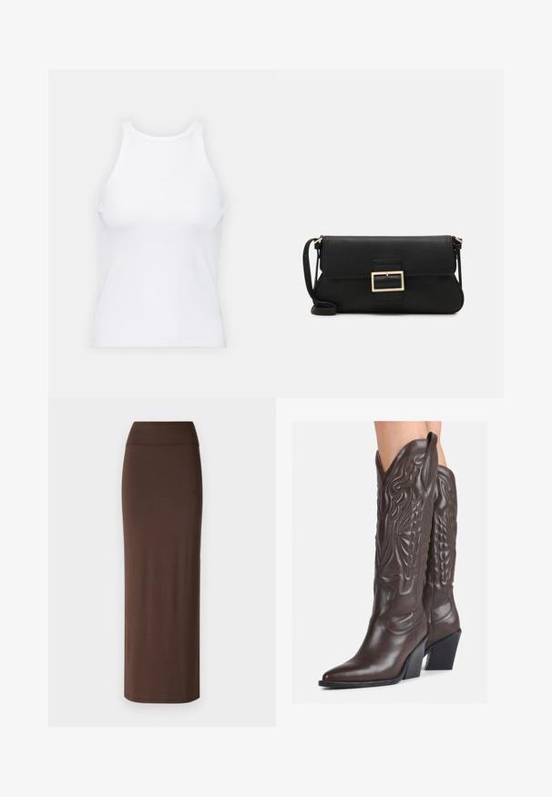 Balta bezpiedurkņu topiņš no ribotā auduma, ar noapaļotu kakla izgriezumu un pieguļošu siluetu, ar minimālām šuvēm un bez rotājumiem.; Brūna, pieguļoša maxi svārku izgatavota no mīkstas auduma, ar augstu jostu un gludu tekstūru bez redzamām šuvēm vai rakstiem.; Brūni ādas kovboju zābaki ar norādītu purngalu un blokveida papēdi, ar detalizētu šūšanu un paceltiem akcentiem uz kājas daļas.; Melnas ādas saķeres soma ar atloku un zelta metāla sprādzi. Ietver melnu siksnu un elegantu, minimālistisku dizainu.