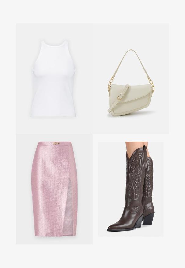 White sleeveless tank top made of ribbed fabric, featuring a rounded neckline and a fitted silhouette, with minimal seams and no embellishments.; Pink, shimmer skirt features a side slit and a subtle Fendi monogram lining. Smooth texture, fitted design, and metallic accents for detail.; Brown leather cowboy boots with pointed toe and block heel, featuring detailed stitching and raised accents on the shaft.; Small cream handbag with a textured finish, a long adjustable strap, a chain accent, and a flap closure. Gold hardware detailing.