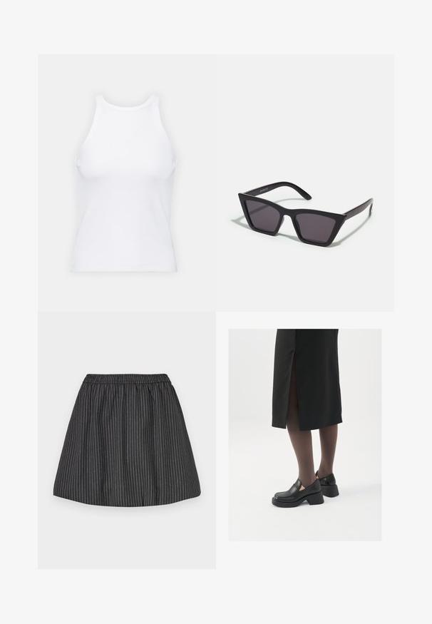 Biela bezrukávová tielko vyrobené z rebrovanej látky, s okrúhlym výstrihom a priliehavým strihom, s minimálnymi švami a bez ozdôb.; Čierna pruhovaná sukňa s elastickým pásom, má vertikálne biele pruhy, rozšírený strih a hladkú textúru. Vhodná na neformálne nosenie.; Čierne kožené topánky s okrúhlou špičkou, silným blokovým opätkom a elastickými bočnými akcentmi, skombinované s tmavými pančuchami a čiernou sukňou so štiepením.; Čierne, ostré slnečné okuliare so sivými sklami; vyrobené z plastu, majú hrubé ramená s hladkým povrchom a bez viditeľnej mechaniky.; Malá krémová kabelka s textúrovaným povrchom, dlhým nastaviteľným popruhom, reťazovým detailom a klopovým uzáverom. Zlaté kovové prvky.