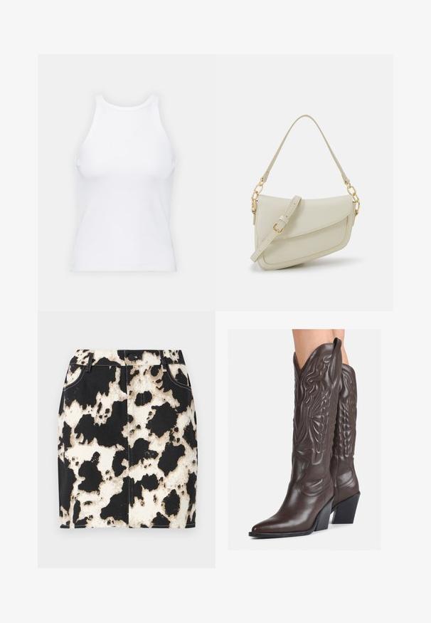 Bílý bezrukávový top vyrobený z ribbed látky, s kulatým výstřihem a přiléhavým střihem, s minimem švů a bez ozdob.; Džínová sukně s černobílým vzorem hověziny, s kontrastním prošíváním a zapínáním na přední knoflík. Krátký, přiléhavý střih.; Hnědé kožené kovbojské boty s špičatou špičkou a blokovým podpatkem, se zdobným prošíváním a vyvýšenými akcenty na nárazu.; Malá krémová kabelka s texturovaným povrchem, dlouhým nastavitelným popruhem, řetízkovým akcentem a klopou. Ozdobné detaily zlaté barvy.