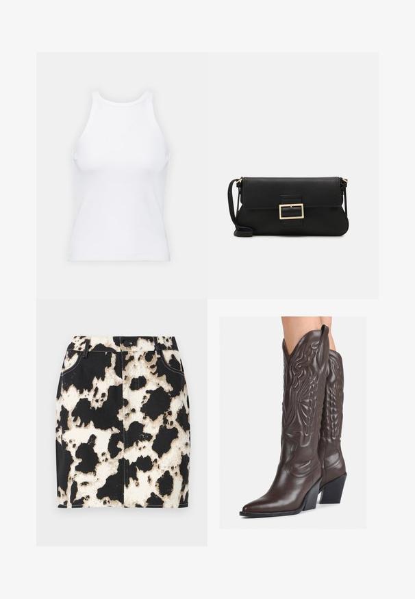 Hvit ermeløs tanktop laget av ribbet stoff, med rund hals og en tettsittende silhuett, med minimale sømmer og ingen dekorasjoner.; Denim skjørt med et svart og hvitt kuhudmønster, med kontrastsøm og knappeåpning foran. Kort, tettsittende design.; Brune skinncowboystøvler med spiss tå og blokkhelt, med detaljerte sømmer og hevede detaljer på skaftet.; Svart lær clutch-veske med klaff og detalj i gullmetall. Inkluderer en svart stropp og et strømlinjeformet, minimalistisk design.