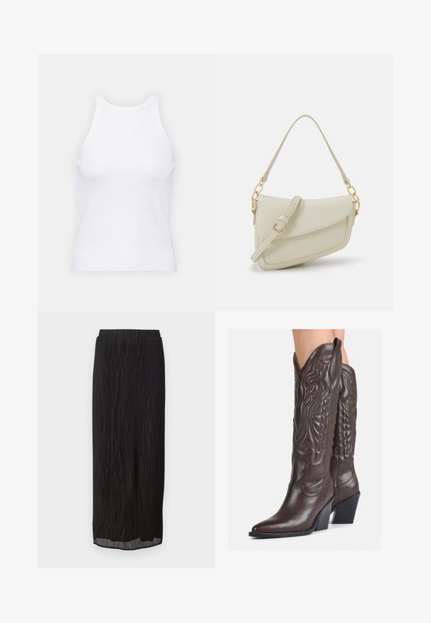 Hvit ermeløs tanktop laget av ribbet stoff, med rund hals og en tettsittende silhuett, med minimale sømmer og ingen dekorasjoner.; Svart plissert midi-skjørt med elastisk midjebånd og rett snitt. Stoffet har vertikale striper for ekstra tekstur.; Brune skinncowboystøvler med spiss tå og blokkhelt, med detaljerte sømmer og hevede detaljer på skaftet.; Liten kremfarget håndveske med teksturert overflate, lang justerbar stropp, kjedeakenter og klaffelukking. Detaljer i gullfarge.