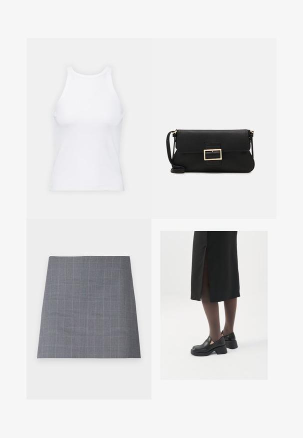 Top senza maniche bianco realizzato in tessuto a coste, caratterizzato da un collo arrotondato e una silhouette aderente, con cuciture minime e senza decorazioni.; Gonna grigia a quadri con una forma strutturata, caratterizzata da sottili linee nere e blu in un motivo a griglia, realizzata in un tessuto liscio.; Scarpe in pelle nera con punta arrotondata, tacco spesso a blocco e accenti laterali in elastico, abbinate a collant scuri e una gonna nera con uno spacco.; Borsa a mano in pelle nera con patta e dettaglio in metallo dorato. Include una tracolla nera e un design elegante e minimalista.; Orecchini a cerchio in argento con un design minimalista. Forma circolare, superficie liscia e profilo sottile. Leggeri con una finitura lucida.