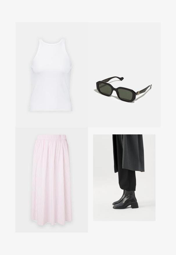 White sleeveless tank top made of ribbed fabric, featuring a rounded neckline and a fitted silhouette, with minimal seams and no embellishments.; Pink and white striped skirt with an elastic waistband, flared design, and a lightweight fabric. No pockets or additional hardware.; Black leather ankle boots with a square toe and chunky heel, worn with loose black trousers and a dark gray coat. Smooth surface texture.; Black rectangular sunglasses with solid green lenses, featuring a glossy finish and a gold logo accent on the side.
