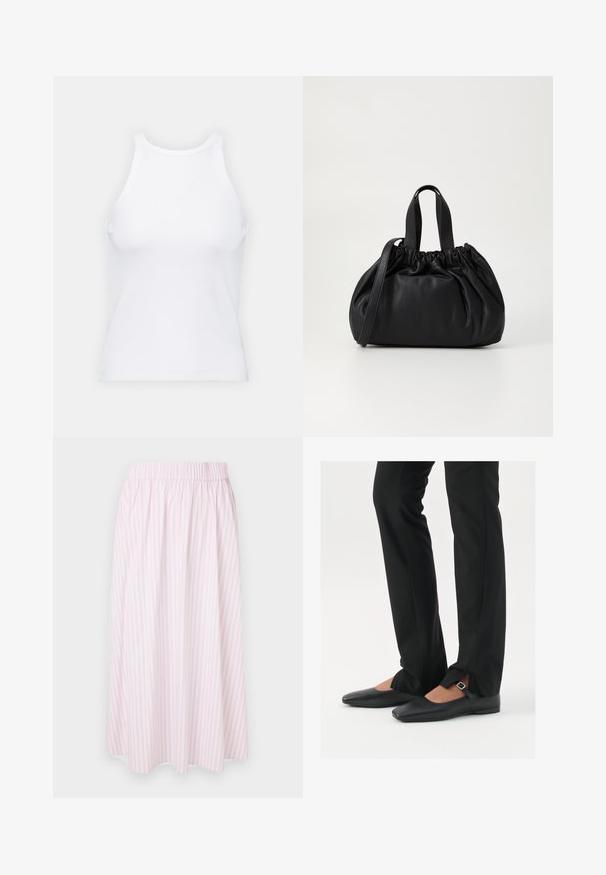 Valge ilma varrukateta T-särk, mis on valmistatud ribakangast, ümarate kaelustega ja kitseneva siluetiga, minimaalse õmbluste ning ilma kaunistusteta.; Roosa-valge triibuline seelik elastse vööga, avara kujundusega ja kerge kangaga. Ilma taskute või lisaseadeteta.; Mustadast mustast nahast balletkingad terava ninaga, millel on rihm hõbedase klambriga, kokku sobitatud mustade ülikondpükstega, millel on lõhiku serv.; Mustmust mustkott mustrihmaga ülaosa disainiga, millel on kaks lühikest käepidet ja pikk reguleeritav rihm. Sile tekstuur, ümar kuju.