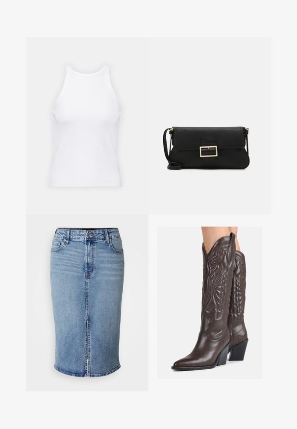 Biela bezrukávová tielko vyrobené z rebrovanej látky, s okrúhlym výstrihom a priliehavým strihom, s minimálnymi švami a bez ozdôb.; Svetlomodrá denimová sukňa v strihu ceruzky s predným rozparkom, piatimi vreckami a gombíkovým zapínaním v páse. Normálna dĺžka, hladká textúra.; Hnedé kožené kovbojské topánky s špicatou špičkou a blokovým podrážkou, so zložitým prešívaním a vyvýšenými akcentmi na puzdre.; Čierna kožená clutch taška s klopou a zlatým kovovým detailom s prackou. Obsahuje čierny remienok a elegantný, minimalistický dizajn.