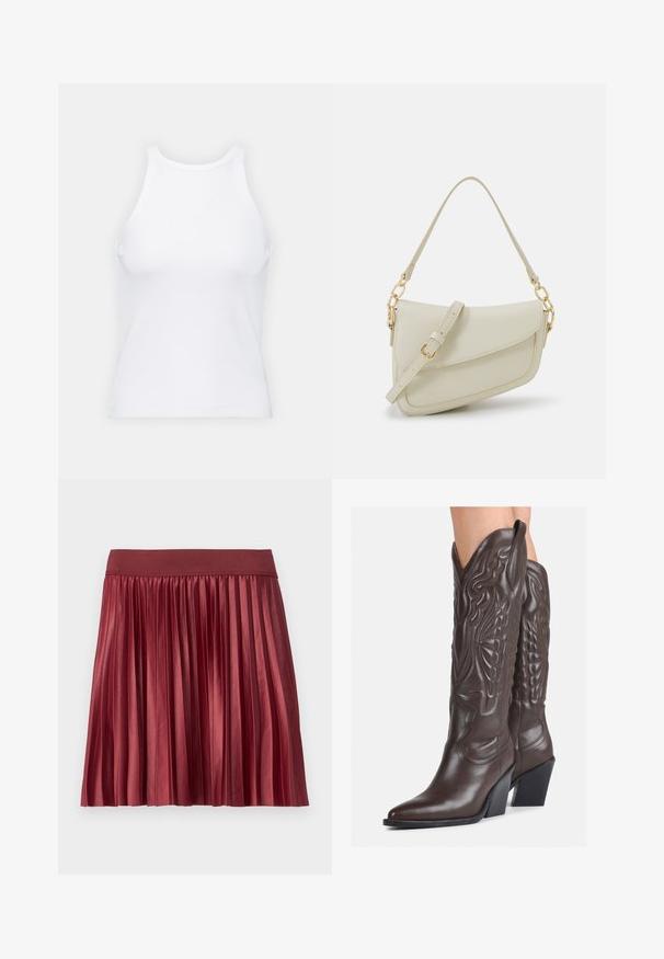 Bela brezrokavna majica iz rebraste tkanine, z zaobljenim izrezom in prilegajočim silhueto, z minimalnimi šivi in brez okraskov.; Plisirana krila iz sijoče, burgundske tkanine z širokim, elastičnim pasom. Dolžina je nad kolenom, s vertikalnimi pliseji po celotni dolžini.; Rjave usnjene kavbojske čevlje z ostrim nosom in blok peto, ki vsebujejo podrobno šivanje in dvignjene dodatke na zgornjem delu.; Mala kremna torbica z teksturiranim zaključkom, dolgim nastavljivim trakom, verižnim poudarkom in zapiranjem na poklop. Detajli iz zlatega kovinskega materiala.