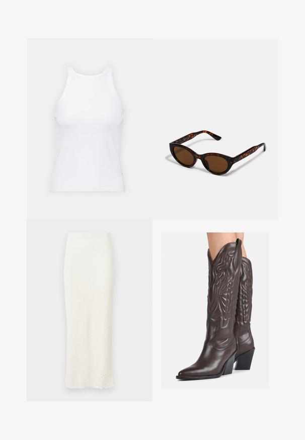Top desportivo sem mangas, de cor branca, feito de tecido canelado, com decote arredondado e silhueta justa, apresentando costuras mínimas e sem adornos.; Saia midi branca e elegante, feita de um tecido texturizado, apresentando um formato ajustado e uma bainha levemente ondulada para um toque adicional.; Botas de cowboy em couro castanho com bico pontudo e salto quadrado, apresentando costuras detalhadas e realces elevados no cano.; Óculos de sol tortoiseshell castanhos com um formato vintage de olho de gato e lentes castanhas. Apresenta braços curvados com acentos vermelhos.; Pequena bolsa de creme com um acabamento texturizado, uma alça longa ajustável, um detalhe em corrente e um fecho de aba. Detalhes em hardware dourado.