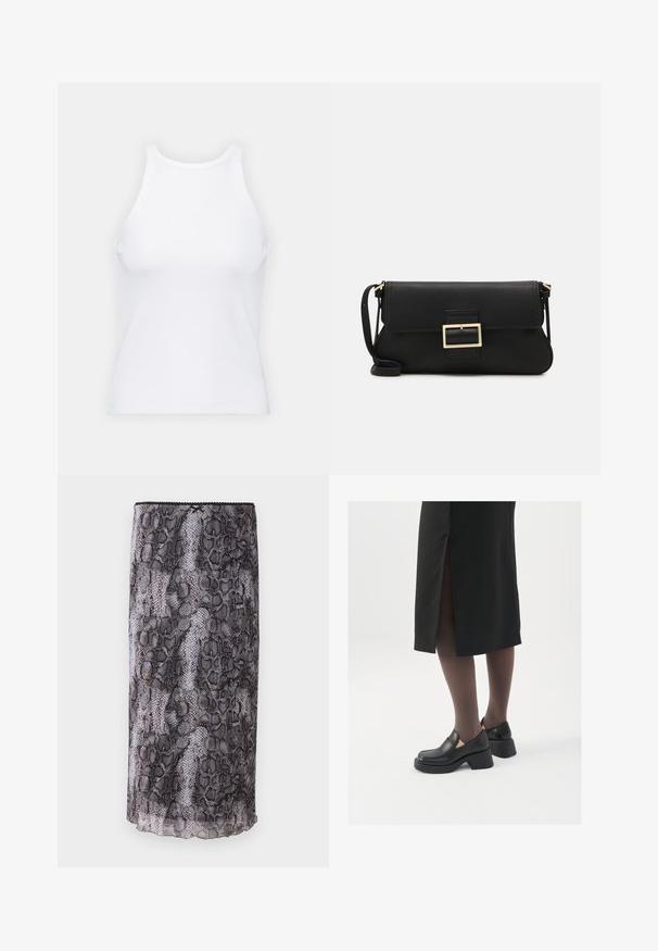 Fehér ujjatlan trikó ribbed anyagból, lekerekített nyakkivágással és testhez simuló siluettel, minimális varrásokkal és díszítések nélkül.; Fekete és szürke kígyóbőr minta ceruzaszoknya áttetsző, texturált anyagból. Felső széle és a szegély hullámos részletezéssel rendelkezik.; Fekete bőr cipők lekerekített orral, vastag blokk sarkakkal és elasztikus oldalsó díszítésekkel, sötét harisnyával és hasítékkal ellátott fekete szoknyával párosítva.; Fekete bőr kézitáska hajtóka részlettel és aranyszínű fém csattal. Tartalmaz egy fekete pántot és egy letisztult, minimális dizájnt.