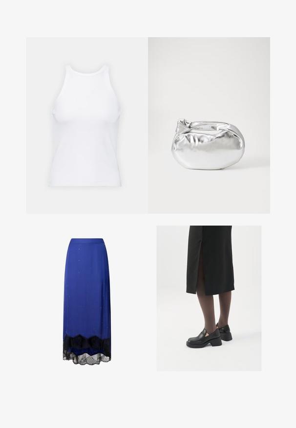 Valge ilma varrukateta T-särk, mis on valmistatud ribakangast, ümarate kaelustega ja kitseneva siluetiga, minimaalse õmbluste ning ilma kaunistusteta.; Sinine satiinist seelik, millel on laiali jaotatud kuldne kaunistus, laineline mustast pitsist ääreosa ja sujuv, voolav disain.; Mustad mustad jalatsid ümmarguse varbaga, paksu plokkniidi ja elastsete külgdetailidega, kombineeritud tumedate sukkade ja musta lõhikuga seelikuga.; Hõbedane metallikoti kott pehme, ümar kuju ja sõlme ülemise sulgemisega. Valmistatud siledast kunstnahast materjalist.; Hõbedased rõngastikkaehingad minimalistlikus disainis. Ümar kuju, sile tekstuur ja õhuke profiil. Kerged ning poleeritud viimistlusega.