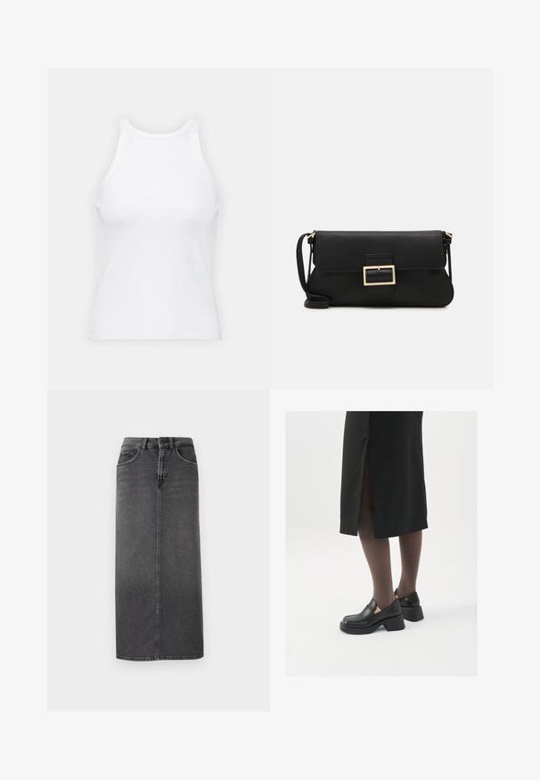 Baltas be rankovių marškinėlis, pagamintas iš išklotinės medžiagos, su apvaliu iškirpimu ir prigludusia siluetu, minimaliais siūlais ir be dekoracijų.; Pilko džinsinio midi sijonas su tiesiu kirpimu, penkių kišenių dizainu ir diržo kilputėmis. Yra priekinis sagčių uždarymas ir minimalistiški siūlai.; Juodos odinės bateliai su apvaliu nosiu, stora blokine pakulne ir elastingais šonais, derinami su tamsiomis pėdkelnėmis ir juoda sijonu su plyšiu.; Juodas odinis dėkliukas su atvarteliu ir auksinės metalinės sagties detalėmis. Įeina juodas diržas ir elegantiškas, minimalistinis dizainas.