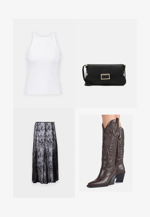 Top alb fără mâneci, confecționat din material ribbed, prezentând un decolteu rotund și o siluetă ajustată, cu cusături minime și fără ornamente.; Fustă din dantelă neagră cu modele florale, având o siluetă fluidă și un tiv ondulat, evidențiind o textură delicată și transparentă.; Bocanci de cowboy din piele maro, cu vârf ascuțit și toc pătrat, având cusături detaliate și accente ridicate pe tijă.; Geantă de mână din piele neagră, cu clapetă și un detaliu din metal auriu. Include o curea neagră și un design elegant, minimalist.