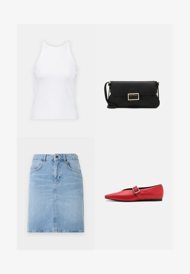 Bijela majica bez rukava napravljena od rebraste tkanine, s okruglim izrezom i uklapajućim siluetom, s minimalnim šavovima i bez ukrasa.; Svijetloplava traper suknja ravnog kroja, s prednjim džepovima i kopčanjem na gumbe. Teksturalna površina s minimalnim istrošenjem.; Crvene kožne ravne cipele sa špicastim vrhom, koje imaju bočnu traku s metalnom kopčom i nizak crni potplat. Glatka tekstura kroz cijelu cipelu.; Crna kožna clutch torbica s preklopom i zlatnim metalnim detaljem kopče. Uključuje crnu trakicu i elegantan, minimalistički dizajn.; Zlatne kružne naušnice, tanke i okrugle, s glatkom metalnom površinom bez ukrasa ili uzoraka.