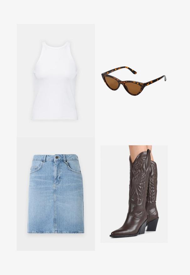Hvid ærmeløs tanktop lavet af ribbet stof, med en rund halsudskæring og en tætsiddende silhuet, med minimale sømme og ingen pynt.; Lys blå denimnederdel med lige snit, har forlommer og knaplukning. Tekstureret overflade med minimal falmning.; Brune læder cowboystøvler med spids tå og blokhæle, med detaljeret syning og forhøjede accenter på skaftet.; Kat-ejede solbriller med en sort og orange skildpaddemønstret stel, brune linser og slanke, spidse ender. Har et minimalistisk logo på skabelsen.