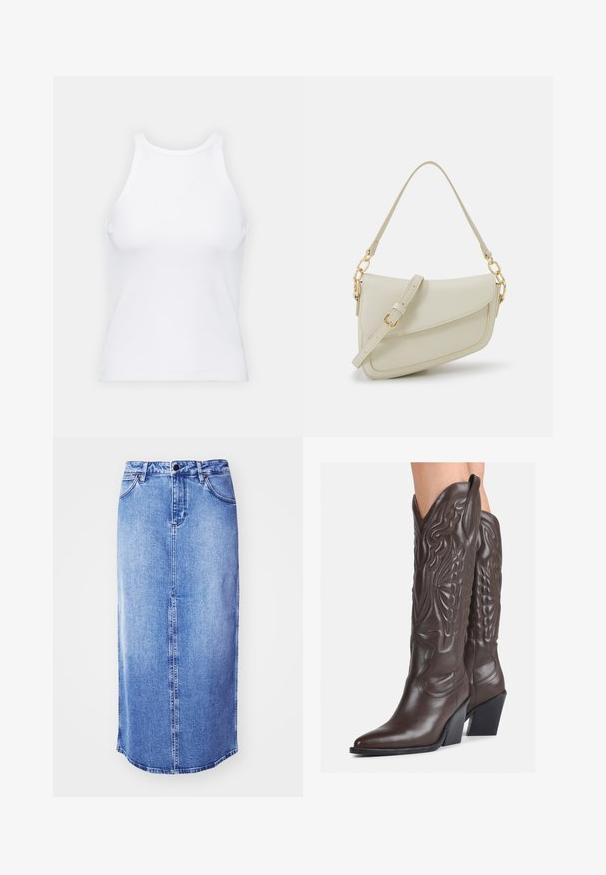 White sleeveless tank top made of ribbed fabric, featuring a rounded neckline and a fitted silhouette, with minimal seams and no embellishments.; Light blue denim midi skirt with a straight cut, featuring a front seam, two pockets, and a button closure. Classic denim texture.; Brown leather cowboy boots with pointed toe and block heel, featuring detailed stitching and raised accents on the shaft.; Small cream handbag with a textured finish, a long adjustable strap, a chain accent, and a flap closure. Gold hardware detailing.; Silver hoop earrings with a twisted design, featuring a polished finish and post-back closure. Measure approximately 3 cm in diameter.