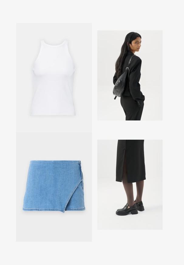Valge ilma varrukateta T-särk, mis on valmistatud ribakangast, ümarate kaelustega ja kitseneva siluetiga, minimaalse õmbluste ning ilma kaunistusteta.; Hele sinine denim mini-seelik, millel on mähise disain, kulunud äär ja sile tekstuur. Ei mingeid täiendavaid kaunistusi ega mustreid.; Mustad mustad jalatsid ümmarguse varbaga, paksu plokkniidi ja elastsete külgdetailidega, kombineeritud tumedate sukkade ja musta lõhikuga seelikuga.; Pikkade tumehaired naine mustas ülikonnas, kandes musta nahast õlakotti, vaatab üle õla valge tausta taustal.