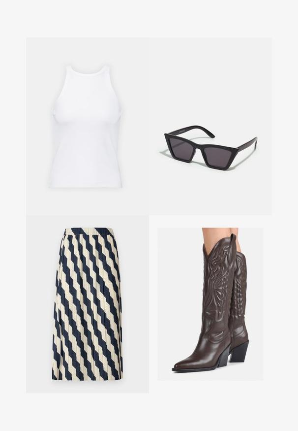 Fehér ujjatlan trikó ribbed anyagból, lekerekített nyakkivágással és testhez simuló siluettel, minimális varrásokkal és díszítések nélkül.; Ráncokkal díszített szoknya krém és tengerészkék színben, gyémánt mintázattal. Rugalmas derékpánt és könnyű anyag biztosítja az áramló sziluettet.; Barna bőr cowboy csizmák hegyes orral és blokk sarkal, részletes varrással és kiemelkedő díszítésekkel a szárán.; Fekete, szögletes napszemüveg szürke lencsékkel; műanyagból készült, vastag karokkal, sima felülettel és látható hardver nélkül.; Kis krémszínű táska texturált felülettel, hosszú, állítható pánttal, láncos díszítéssel és fedéllel záródik. Aranyszínű fém részletek.