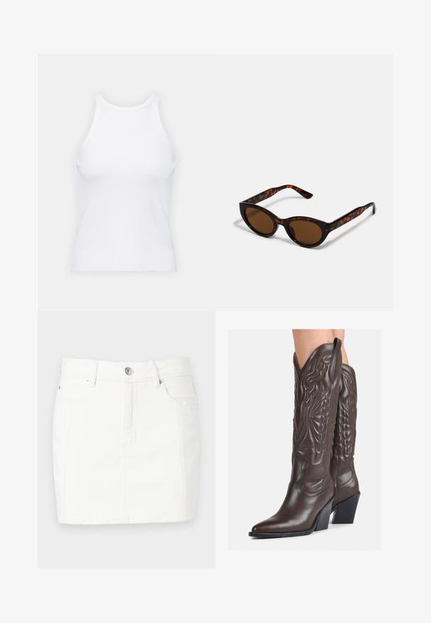 Hvit ermeløs tanktop laget av ribbet stoff, med rund hals og en tettsittende silhuett, med minimale sømmer og ingen dekorasjoner.; Hvit denimskjørt med en tettsittende design, med frontknapplukking, to sidelommer og lengde til midten av låret. Jevn tekstur.; Brune skinncowboystøvler med spiss tå og blokkhelt, med detaljerte sømmer og hevede detaljer på skaftet.; Brune skjellbåt solbriller med en vintage katteøyeform og brune linser. Har buede stenger med røde detaljer.; Svart lær clutch-veske med klaff og detalj i gullmetall. Inkluderer en svart stropp og et strømlinjeformet, minimalistisk design.