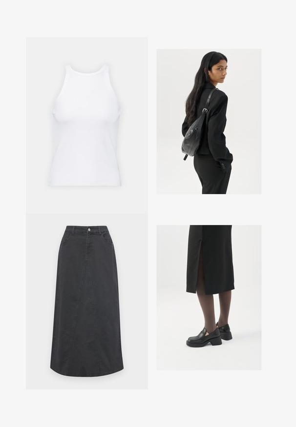 Fehér ujjatlan trikó ribbed anyagból, lekerekített nyakkivágással és testhez simuló siluettel, minimális varrásokkal és díszítések nélkül.; Fekete farmer szoknya egyenes szabással, elülső panel részlettel, két zsebbel, övlyukakkal és gombos záródással a deréknál.; Fekete bőr cipők lekerekített orral, vastag blokk sarkakkal és elasztikus oldalsó díszítésekkel, sötét harisnyával és hasítékkal ellátott fekete szoknyával párosítva.; Hosszú, sötét hajú nő fekete öltönyben, fekete bőrtáskával a vállán, a vállán át néz a fehér háttér előtt.