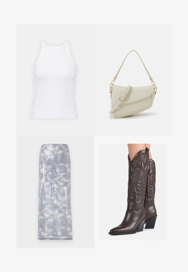 Top alb fără mâneci, confecționat din material ribbed, prezentând un decolteu rotund și o siluetă ajustată, cu cusături minime și fără ornamente.; Fustă midi cu paiete argintii, cu o textură fină, având un model cu nori în degradé și o siluetă dreaptă.; Bocanci de cowboy din piele maro, cu vârf ascuțit și toc pătrat, având cusături detaliate și accente ridicate pe tijă.; Geantă mică de crem cu un finisaj texturat, curea lungă și ajustabilă, accent cu lanț și închidere cu clapetă. Detalii din hardware aurie.