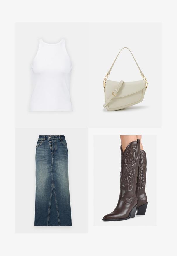 White sleeveless tank top made of ribbed fabric, featuring a rounded neckline and a fitted silhouette, with minimal seams and no embellishments.; Denim midi skirt in a dark blue wash featuring a front slit, five-button closure, and classic jean stitching details.; Brown leather cowboy boots with pointed toe and block heel, featuring detailed stitching and raised accents on the shaft.; Small cream handbag with a textured finish, a long adjustable strap, a chain accent, and a flap closure. Gold hardware detailing.