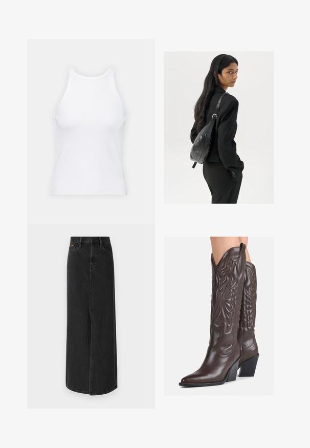 Bílý bezrukávový top vyrobený z ribbed látky, s kulatým výstřihem a přiléhavým střihem, s minimem švů a bez ozdob.; Černá džínová maxi sukně s rovný střih, pěticípým designem a předním rozparkem. Obsahuje zapínání na knoflík a jemné detaily šití.; Hnědé kožené kovbojské boty s špičatou špičkou a blokovým podpatkem, se zdobným prošíváním a vyvýšenými akcenty na nárazu.; Žena s dlouhými tmavými vlasy, oblečená v černém obleku, nese černou koženou kabelku přes rameno a dívá se přes rameno na bílém pozadí.