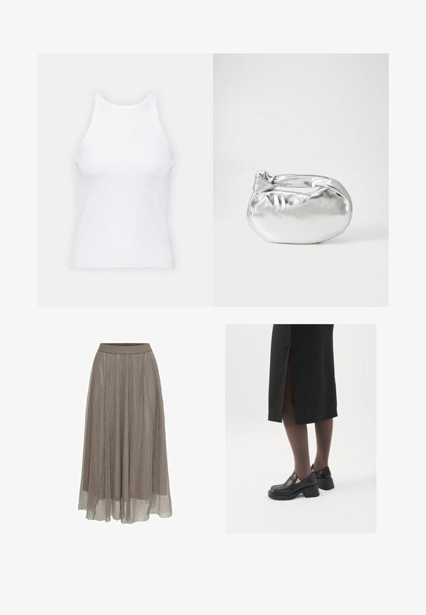 White sleeveless tank top made of ribbed fabric, featuring a rounded neckline and a fitted silhouette, with minimal seams and no embellishments.; Pleated maxi skirt in taupe, featuring a smooth waistband and a flowing silhouette. Made of lightweight, sheer material with fine texture.; Black leather shoes with a rounded toe, thick block heel, and elastic side accents, paired with dark tights and a black skirt with a slit.; Silver metallic pouch bag with a soft, rounded shape and a knotted top closure. Made from smooth faux leather material.; Silver hoop earrings with a minimalist design. Circular shape, smooth texture, and thin profile. Lightweight with a polished finish.