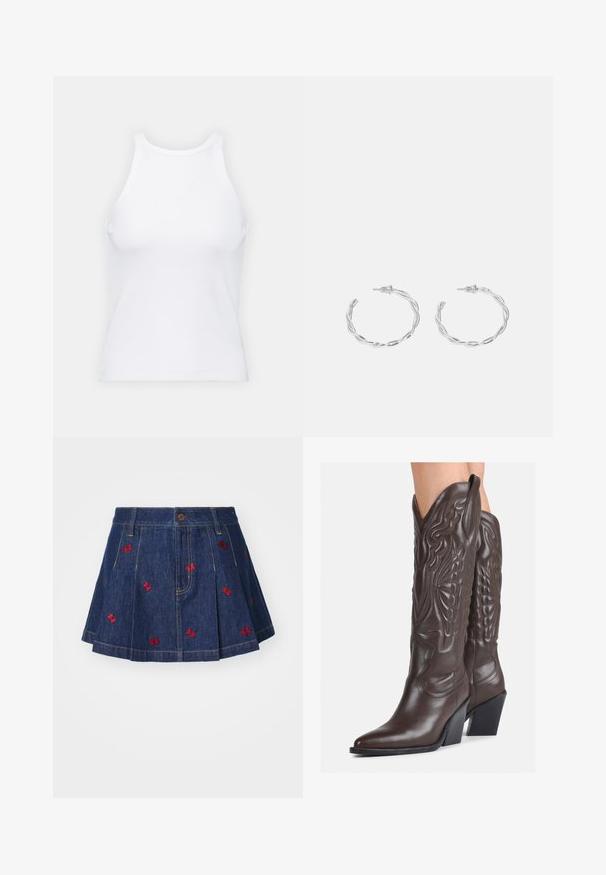 Bela brezrokavna majica iz rebraste tkanine, z zaobljenim izrezom in prilegajočim silhueto, z minimalnimi šivi in brez okraskov.; Denim krilo z naborki in temnim pranjem, ki vključuje rdeče vezenine metuljev ter klasičen pet-pocket dizajn s sprednjim gumbom za zapiranje.; Rjave usnjene kavbojske čevlje z ostrim nosom in blok peto, ki vsebujejo podrobno šivanje in dvignjene dodatke na zgornjem delu.; Srebrni uhani v obliki obročka s spiralnim dizajnom, ki imajo sijajno površino in zapiralo na zadnji strani. Mere znašajo približno 3 cm v premeru.